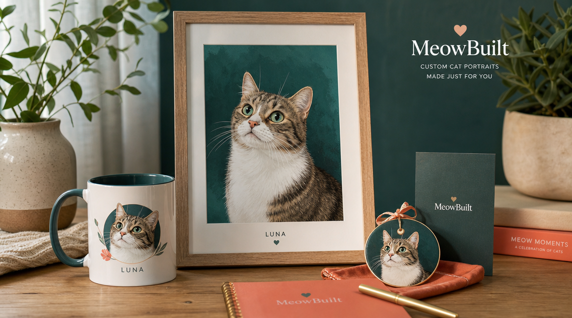 MeowBuilt custom cat portrait products on a studio desk